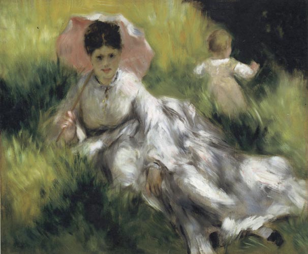 Woman with a Parasol and Small Child on a Sunlit Hillside